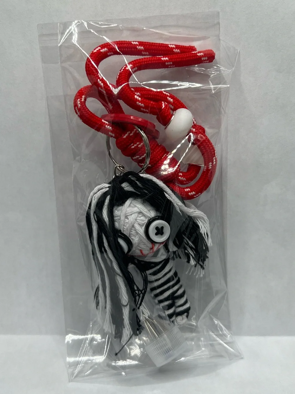 White & Black Voodoo Doll Bag Charm-comes w/ red cord + container of pins